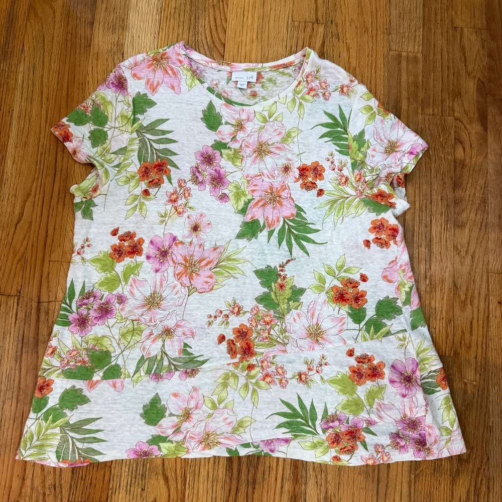 J. Jill Love Linen Shirt Womens XL White Floral Crossover-Hem Short Sleeve Linen - Picture 3 of 11